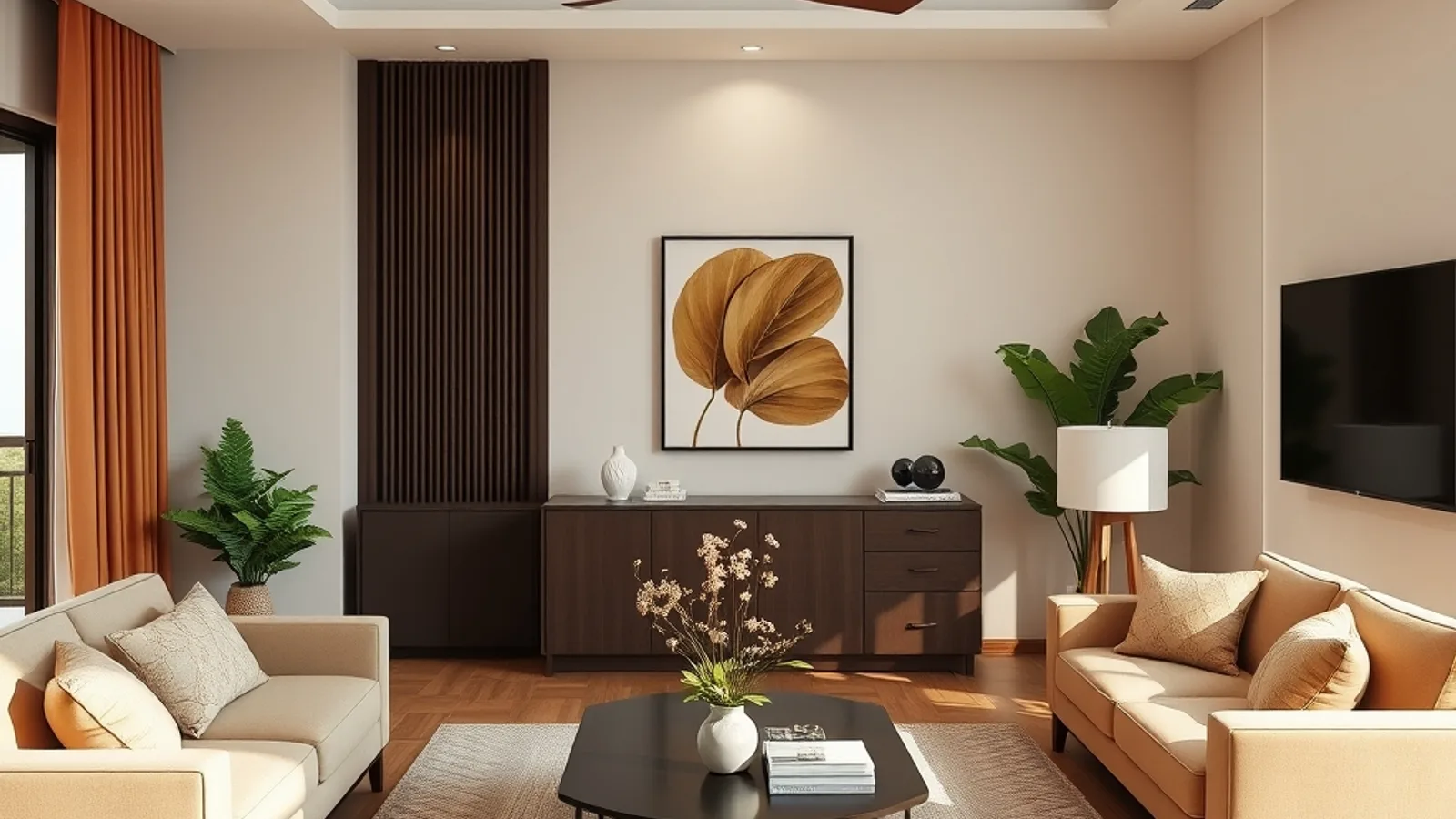 Cách phối màu tường phòng khách hài hòa Cách phối màu tường phòng khách hài hòa với nền trung tính và màu nhấn