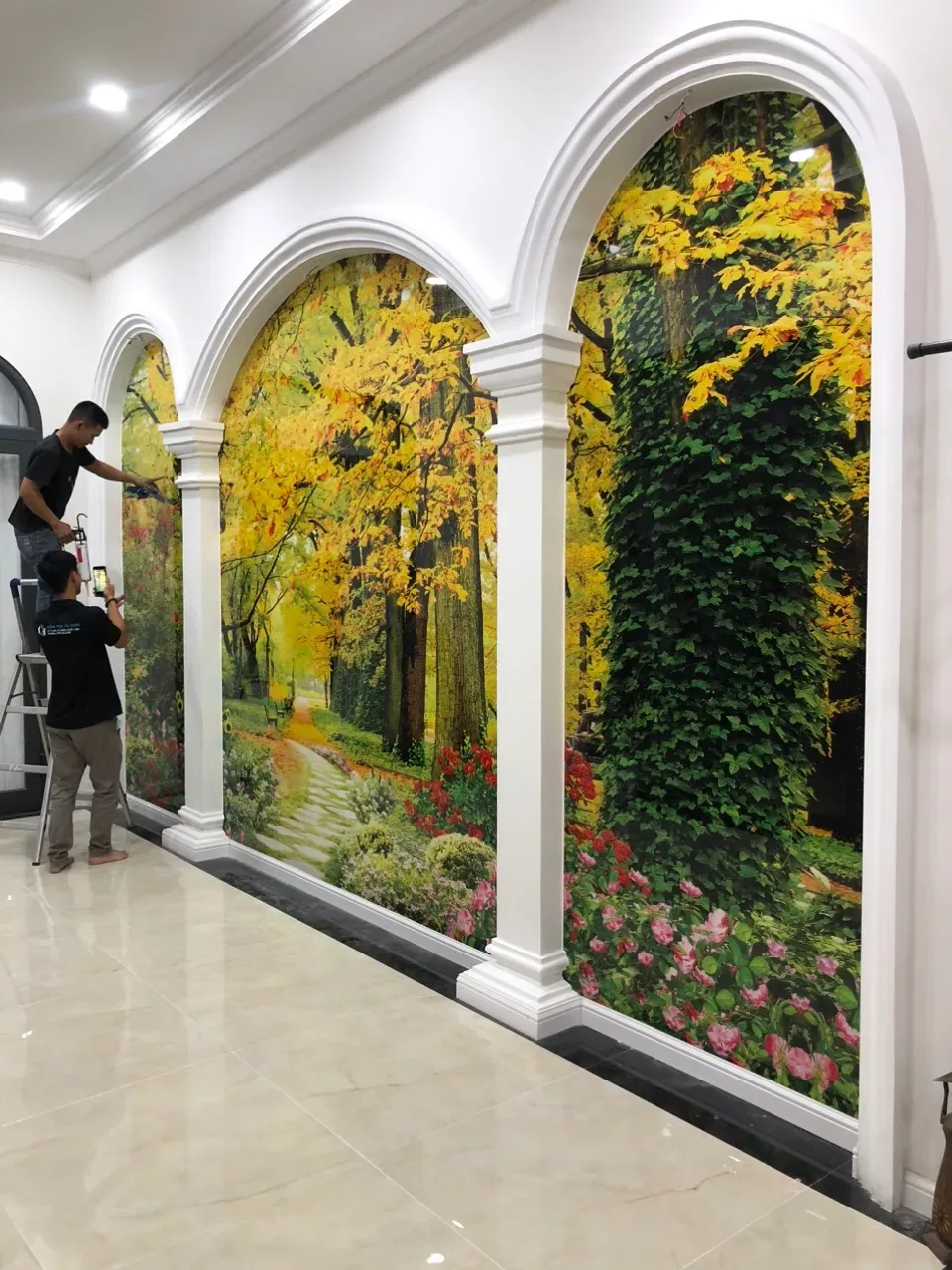 Công trình thi công tranh PVC vân đá tráng gương thực tế tại Đông Nam Bộ — Xưởng Tân Thành mẫu 34 Công trình thi công tranh PVC vân đá tráng gương thực tế tại Đông Nam Bộ — Xưởng Tân Thành mẫu 34