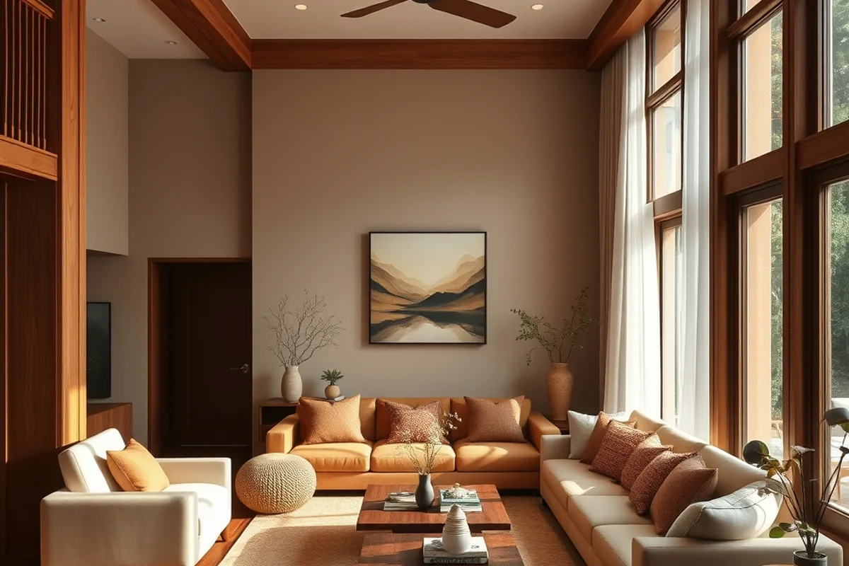 Ví dụ phối màu ấm áp cho phòng khách Phối màu ấm áp terracotta beige gỗ cho phòng khách