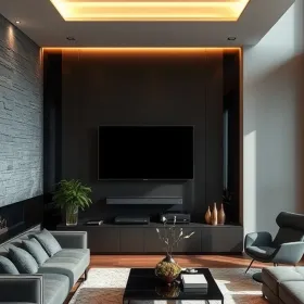 Phòng khách nội thất hiện đại luxury nhà phố với mảng đá bóng và ánh sáng lớp