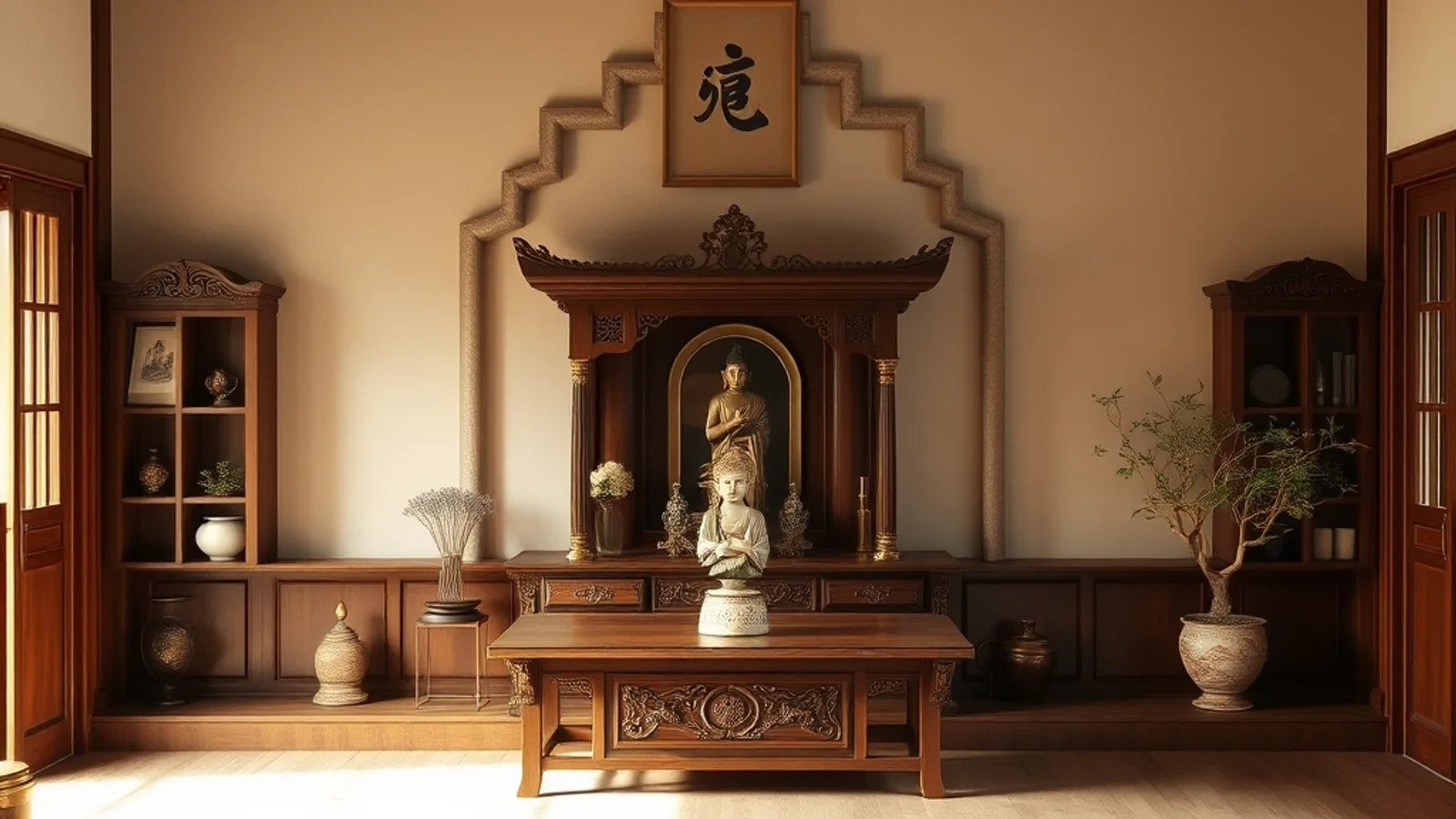 Trang trí phòng thờ trang nghiêm ấm cúng với mảng tường sau bàn thờ và ánh sáng dịu