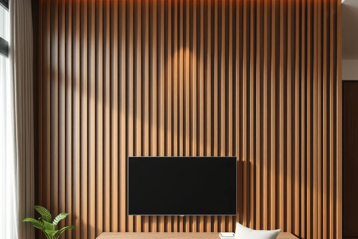 Ốp gỗ lam sóng trang trí tường 3D Ốp gỗ lam sóng nan dọc trang trí tường 3D phòng khách ấm cúng hiện đại