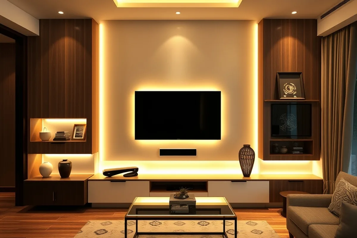 Tường tivi đèn hắt LED Mảng tường tivi dùng đèn hắt LED tạo chiều sâu về đêm