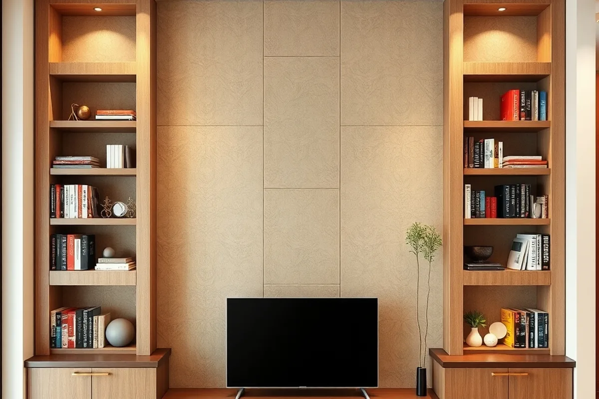 Kệ và hộc trang trí quanh tivi Trang trí mảng tường tivi bằng kệ và hộc trang trí đối xứng