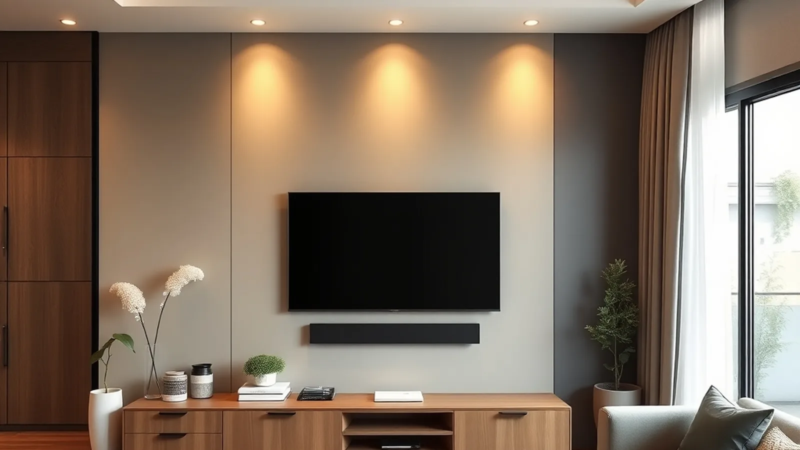 Trang trí tường tivi phòng khách hiện đại Trang trí mảng tường tivi phòng khách hiện đại với kệ tivi treo và điểm nhấn
