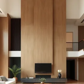 Trang trí vách thông tầng khổ lớn kịch trần trong phòng khách hai tầng thoáng sáng