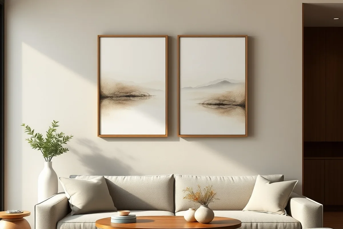Tranh canvas khung gỗ treo tường phòng khách Bộ tranh canvas khung gỗ treo tường phòng khách — bề mặt vải matte, khác độ bóng của tráng gương