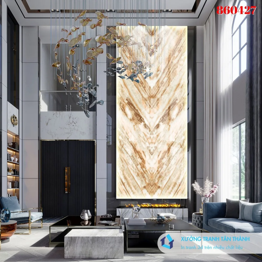 Tranh đá giả ngọc 3D vân onyx vàng thông tầng penthouse trần cao xuyên sáng Tranh đá giả ngọc 3D vân onyx vàng thông tầng penthouse trần cao xuyên sáng