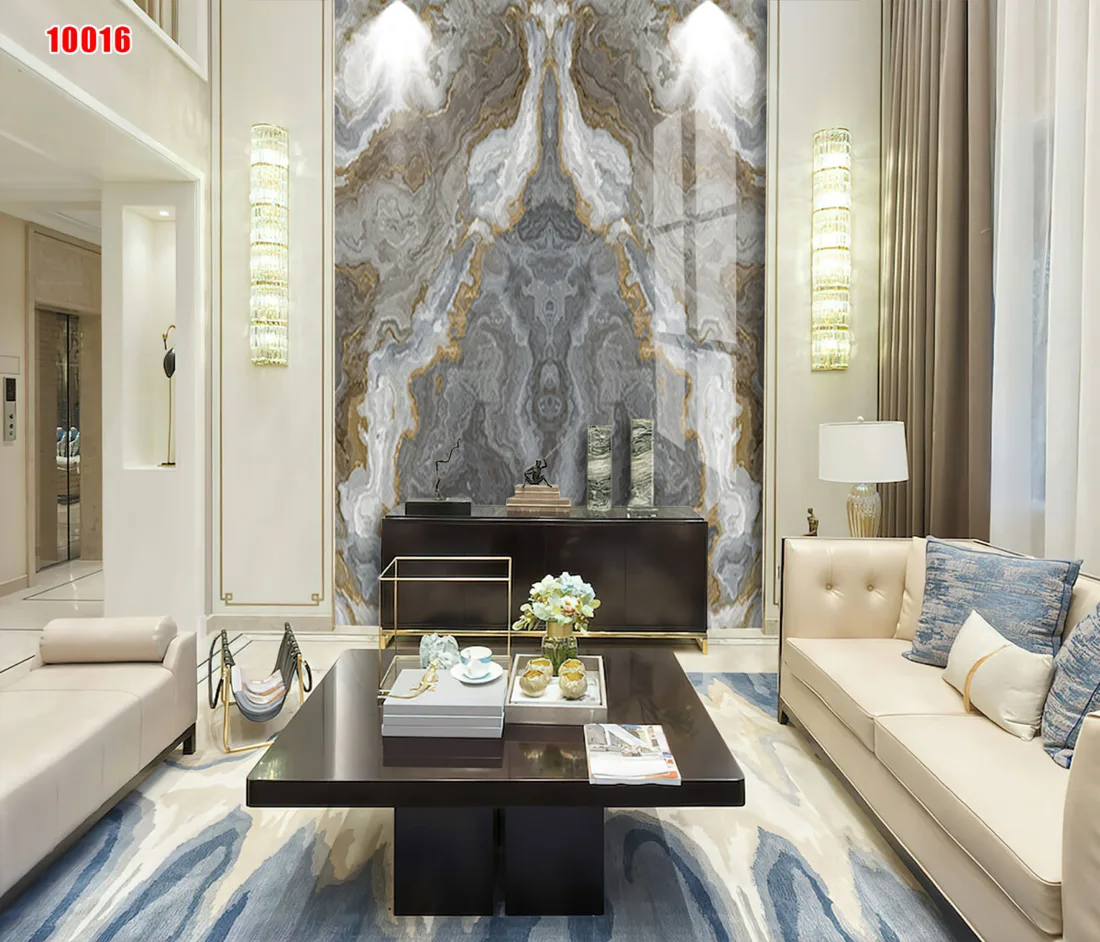 Tranh đá PVC vân onyx xám vàng giống tranh đá tự nhiên trong phòng khách sang trọng Tranh đá PVC vân onyx xám vàng giống tranh đá tự nhiên trong phòng khách sang trọng