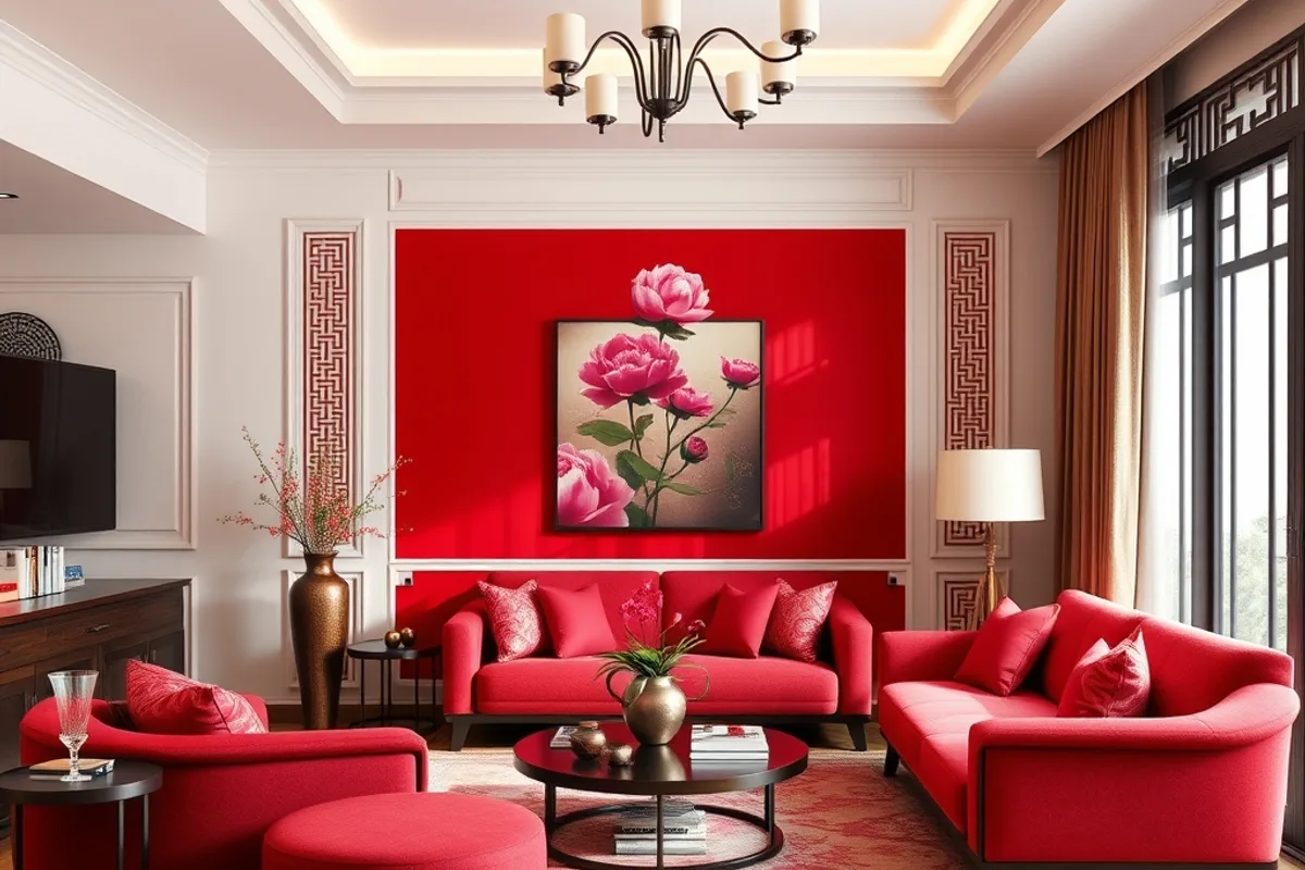 Tranh phong thủy hợp mệnh Hỏa Tranh phong thủy hợp mệnh Hỏa tông đỏ hồng hoa mẫu đơn phòng khách