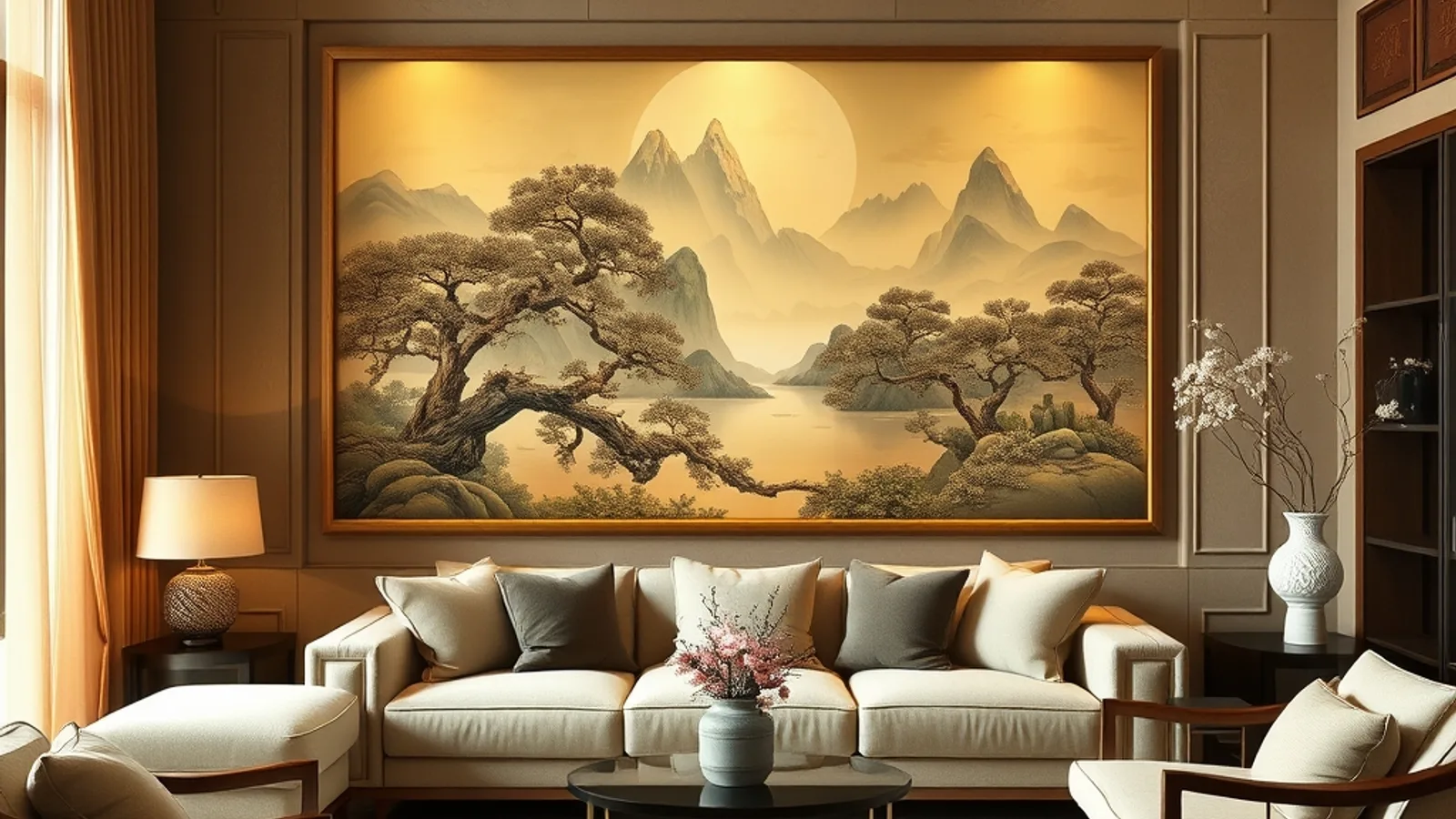 Tranh phong thủy treo phòng khách hợp mệnh Tranh phong thủy treo phòng khách hợp mệnh trên mảng tường sau sofa hài hòa