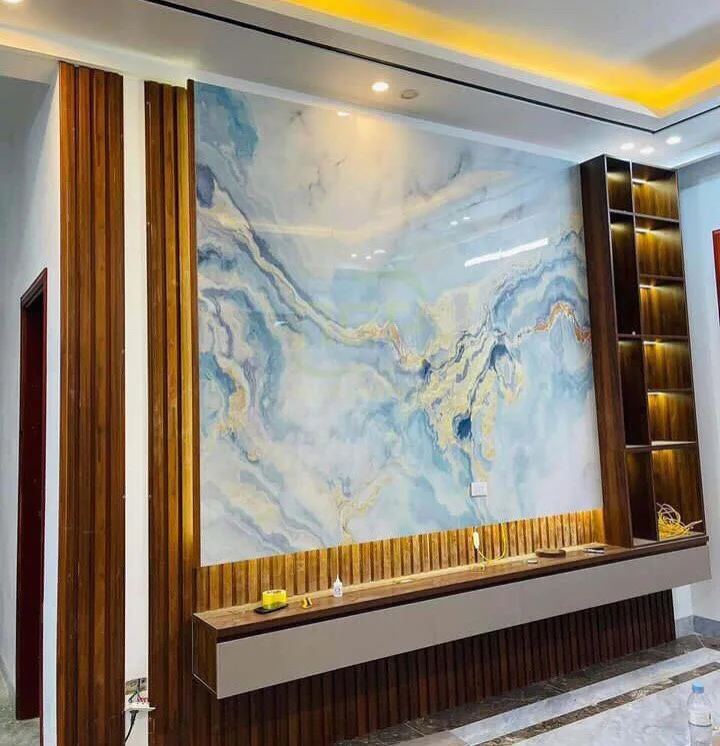 Tranh tráng gương khổ lớn vân đá xanh ốp mảng tường lớn phòng khách